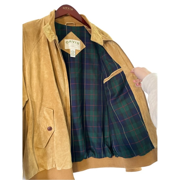 Orvis Mens Camel Tan Suede Leather Bomber Jacket, Size Large - Picture 7 of 16